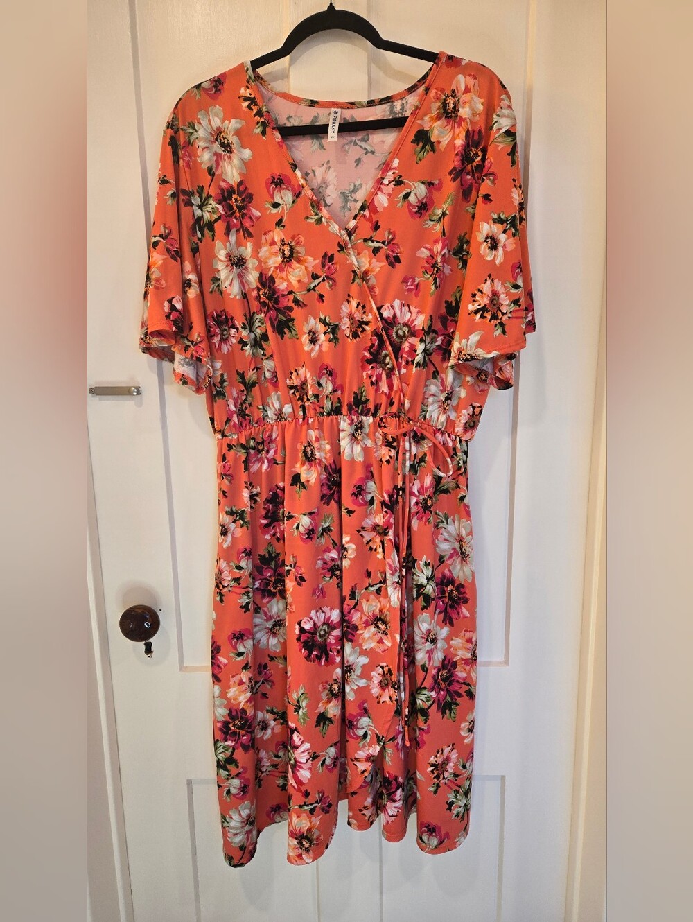 Piphany "Santa Barbara" Coral Floral Faux Wrap Midi Dress 2XL